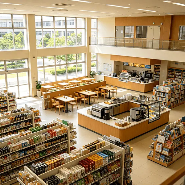 多校区高校后勤集团综合超市门店实景：挑高中庭布局，前区饮料调味货架与咖啡茶饮操作台，后区简餐热食档口与图书文具书架并列，二层环廊设就餐桌椅