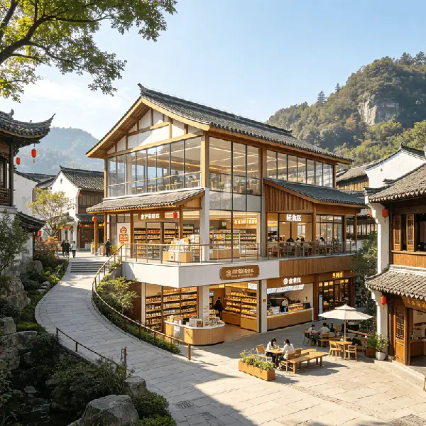 景区文旅综合体选型场景：两层木构商业楼一层设景区特产超市、二层设餐饮体验区，户外广场设外摆休息区，配套团客结算、称重生鲜小吃与线上文旅商城