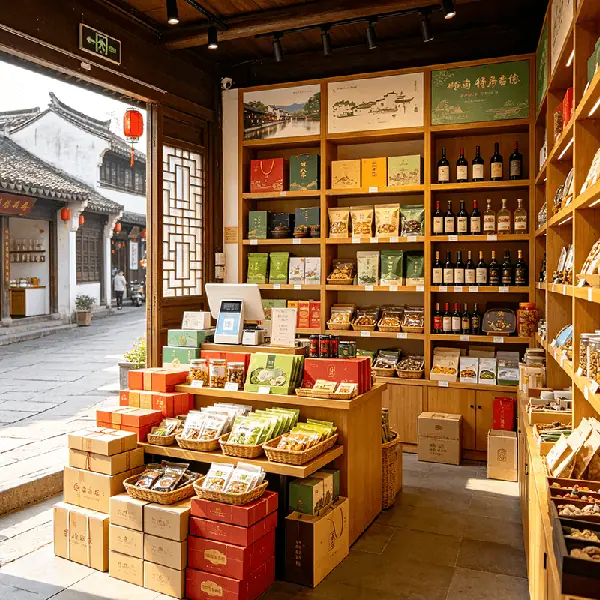 景区特产店选型场景：古镇沿街单店木质货架陈列干货糕点与茶叶酒水，前台配置收银一体机与礼盒堆头，配套礼盒效期预警、连锁统一管控与线上小程序