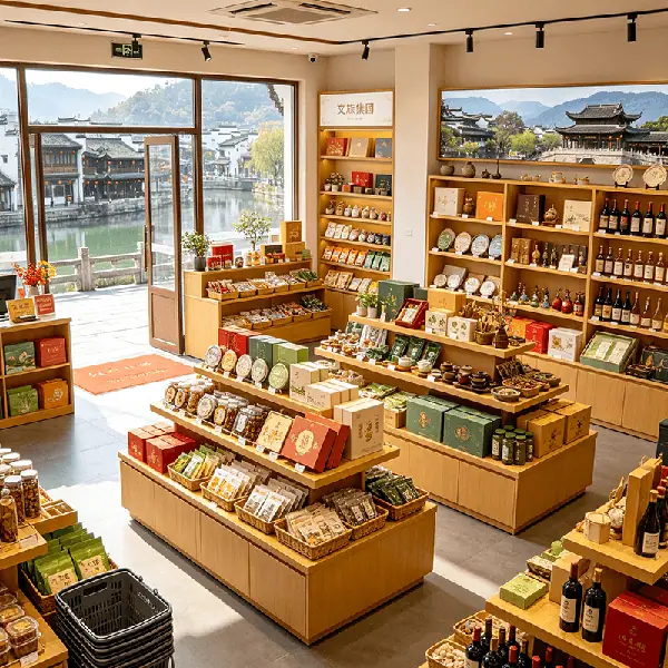 文旅集团连锁特产店选型场景：临水古镇门店通排木质货架陈列茗茶礼盒与黄酒白酒，中岛展台码放地方特产礼盒，配套团客分账结算与集团业财税一体化管控