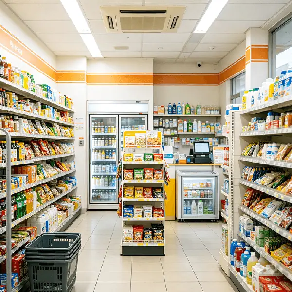 社区单店/小微折扣店选型场景：临街小店两侧靠墙货架陈列包装零食与日化，里侧冷藏柜与中央促销架，柜台配置收银一体机，配套基础进销存与效期预警