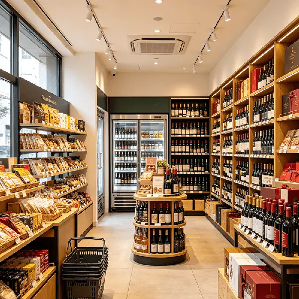 精品进口单店/专卖店选型场景：沿街单店左侧货架陈列进口零食坚果与礼盒，右侧整墙酒架分层陈列红酒，里侧冷藏柜陈列瓶装酒水，中央圆台陈列单瓶红酒，配套进销存与批次效期管理