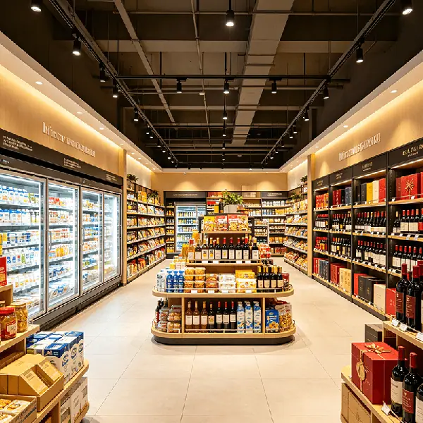 高端精品进口连锁集团选型场景：高挑精品卖场左侧玻璃门冷藏柜陈列进口乳品，右侧整排酒架陈列葡萄酒与礼盒，中央中岛分层陈列进口礼盒，配套WMS多模式仓储与进口报关溯源台账