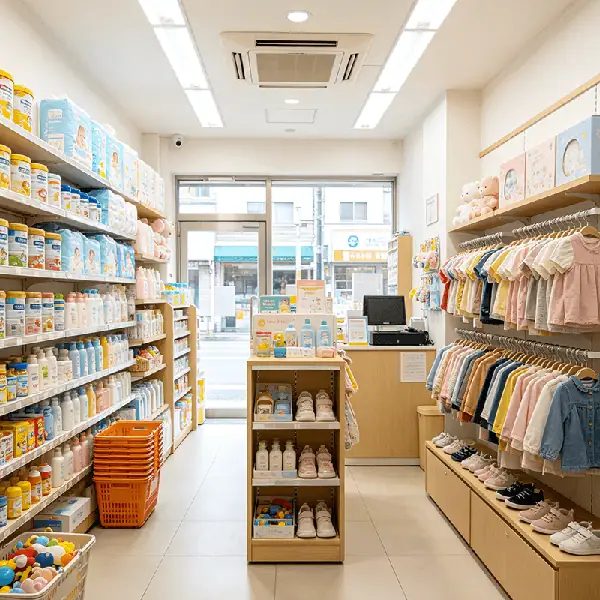 社区母婴生活馆单店选型场景：社区小店两侧货架陈列纸尿裤、奶粉与洗护用品，右侧挂衣杆悬挂童装并设童鞋展架，中央中岛陈列奶粉与礼盒，柜台配置收银设备，配套奶粉批次寄存、次卡核销与宝妈会员管理
