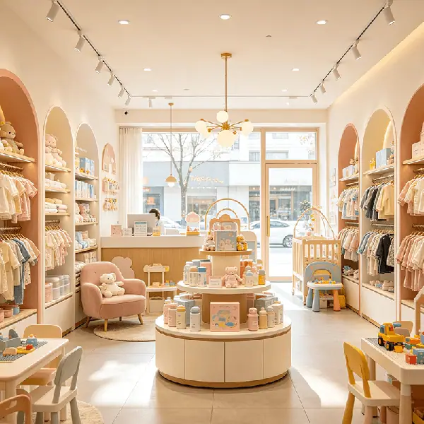 母婴生活馆连锁选型场景：暖色调精品门店，拱形造型货架陈列婴童服饰与洗护用品，中央圆形中岛分层摆放礼盒与辅食，搭配粉色哺乳沙发、婴儿床与儿童桌椅，配套童装尺码色码管控、次卡预约核销与线上母婴小程序