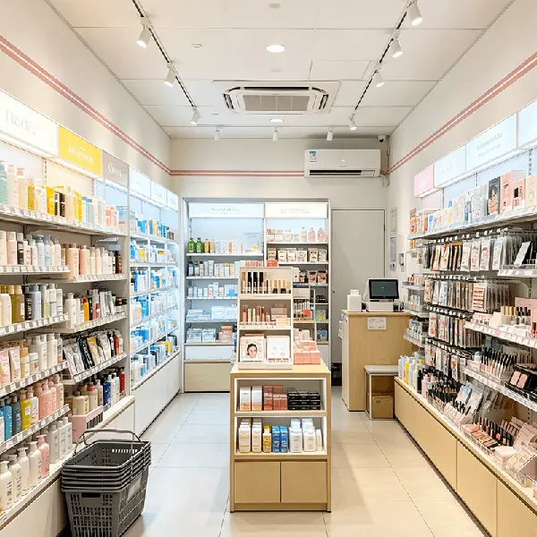 社区美妆体验单店选型场景：左侧靠墙货架陈列护肤水乳与个护洗护，右侧挂架陈列口红、眼影盘等彩妆，中央木色中岛分层陈列面膜与护肤小件，里侧设收银台与购物篮，配套色号SKU、效期预警与会员次卡核销