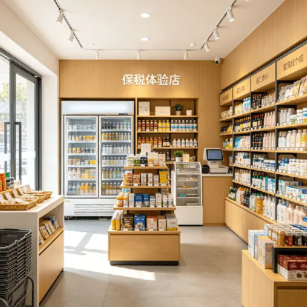 单店保税体验店选型场景：木质灯箱门头下右侧层架陈列进口零食、粮油与酒水，左侧靠墙玻璃门冷藏柜陈列进口饮品，中央岛台分层陈列奶粉罐装与礼盒，柜台配置收银设备，配套保税监管码扫码收银与简易跨境小程序