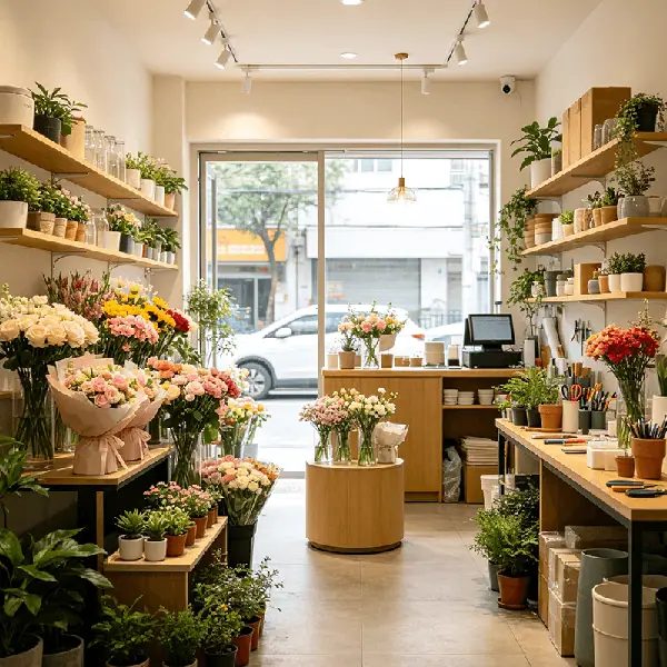 社区综合花艺单店选型场景：临街玻璃门小店两侧墙面置物架陈列绿植盆栽与玻璃花瓶，左侧花架陈列玫瑰、向日葵等包装花束，中央圆形木质展台陈列鲜花与小型盆栽，里侧柜台配置收银设备与花艺工具台，配套花期周期管理、库存会员管理与线上同城配送