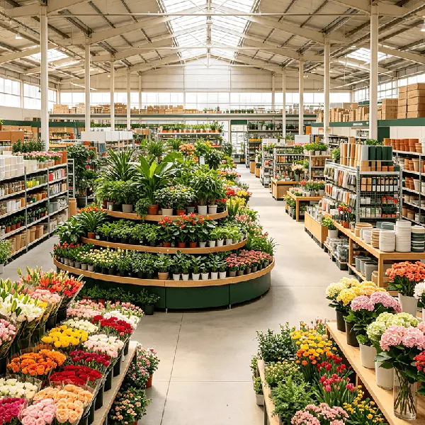 大型鲜花绿植连锁集团选型场景：高挑仓储式卖场钢架吊顶配采光天窗，中央多层环形木质展台分层陈列观叶绿植与开花盆栽，左侧长条花台成排陈列玫瑰、非洲菊等鲜切花，右侧木质层架陈列陶瓷花器并高位码放周转纸箱，配套WMS冷库仓储、花期效期养护与业财税一体化管控