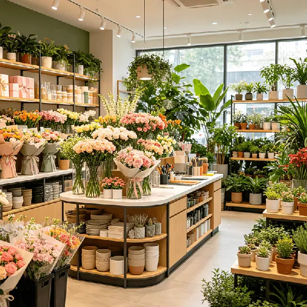 中型花艺绿植连锁选型场景：浅色墙面配木色货架与落地窗采光，两侧层架陈列盆栽绿植、粉色礼盒与陶瓷器皿，下层花桶成排摆放包装玫瑰与绣球花束，中央大理石面中岛台陈列包装花束并嵌入式陈列餐具托盘，配套花期临期预警、花艺BOM配方与线上小程序同城配送
