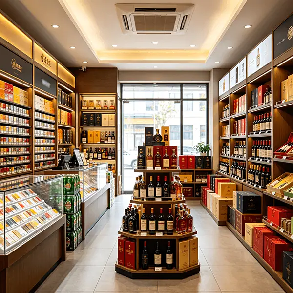 街边烟酒茶小微单店实景：左侧卷烟柜台与条烟背柜，中央中岛陈列红酒礼盒，右侧货架摆放酒水，落地玻璃门正对街景