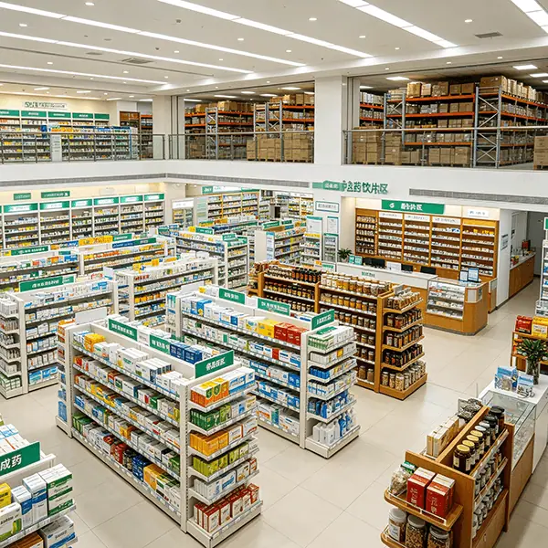 大型医药连锁集团门店实景：双层卖场中岛货架成排陈列处方药与OTC药品，夹层仓储区高位货架堆放整箱药品，中药饮片区与参茸滋补专柜分区陈列