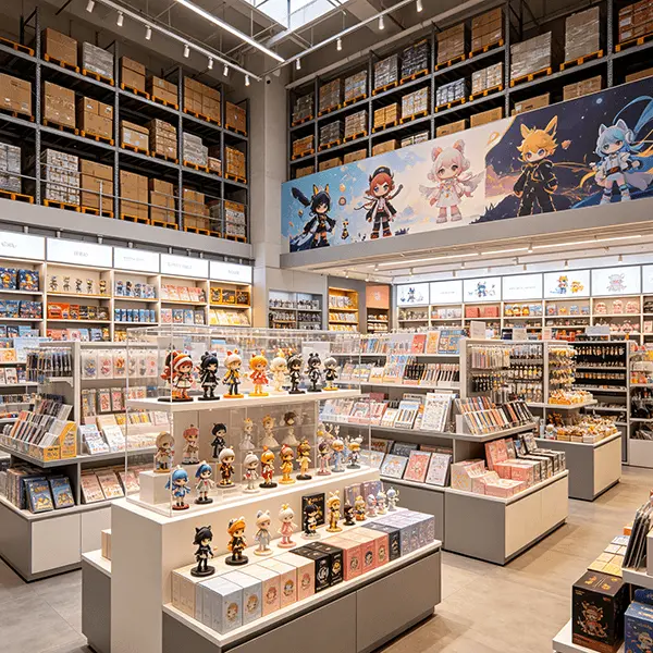 品牌潮玩文创连锁集团门店实景：高位仓储货架与IP形象海报墙，中岛展台和玻璃展柜陈列手办、盲盒及周边商品