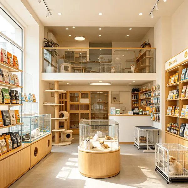 中型宠物生活馆连锁门店实景：双层挑高卖场夹层设休息区与猫爬架，中央圆形透明展台陈列猫咪，两侧宠粮货架分层摆放猫粮狗粮，沿墙宠物笼与护栏分区陈列