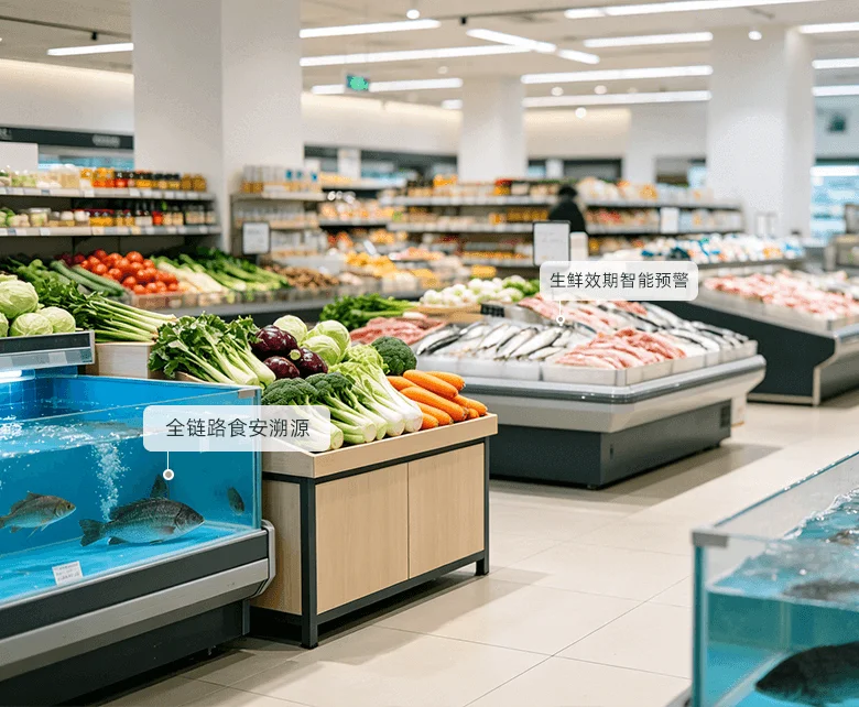 超市生鲜水产经营场景示意图：展示鱼池、水产陈列、果蔬肉品专柜的数字化称重与溯源管理