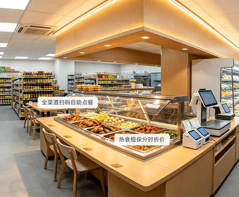 海鲜水产超市水产效期食安溯源管控场景示意图：展示存活预警、批次溯源与设备温度监控