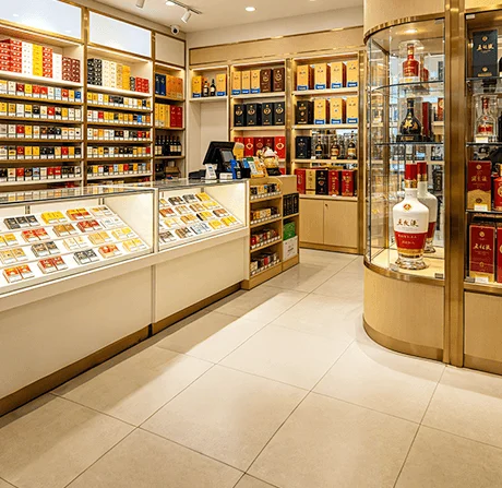 烟酒专卖总部管控经营场景示意图：展示总部区域门店三级管控与数据大屏