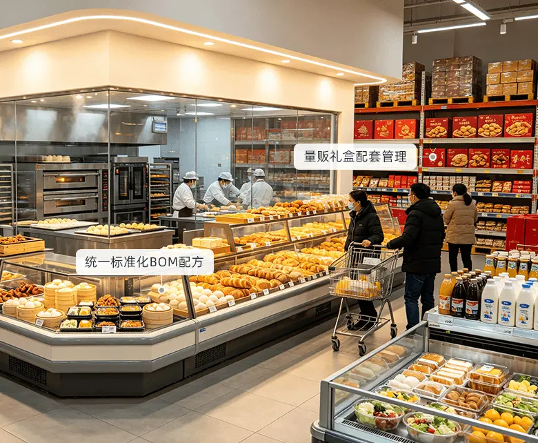 仓储会员超市烘焙熟食现制经营场景：玻璃明档烘焙间内师傅现场制作，前方长排展示柜陈列量贩面包与吐司，右侧货架堆放节庆礼盒，顾客推车选购
