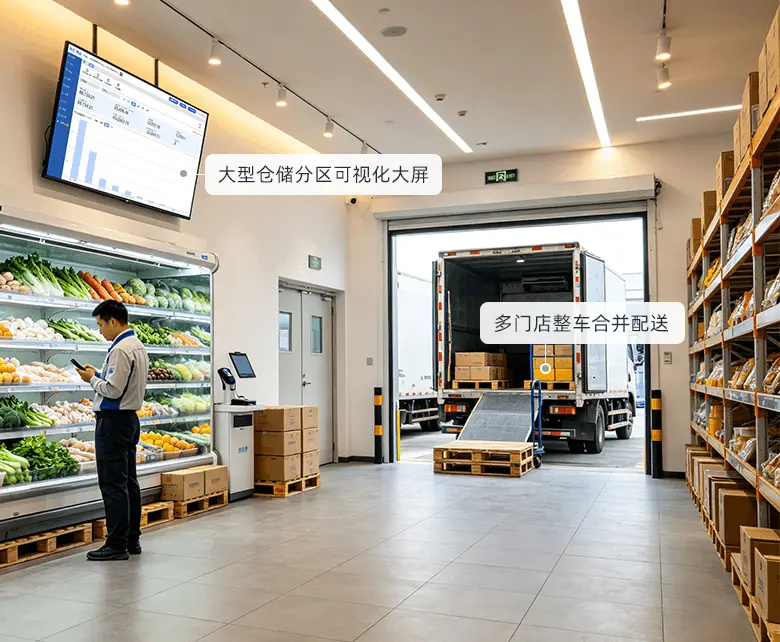 仓储会员超市中央冷链大仓配送经营场景：仓内果蔬冷藏货架与整箱备货区，工作人员手持终端盘点，墙面悬挂分区可视化大屏，月台处冷链货车整车装卸